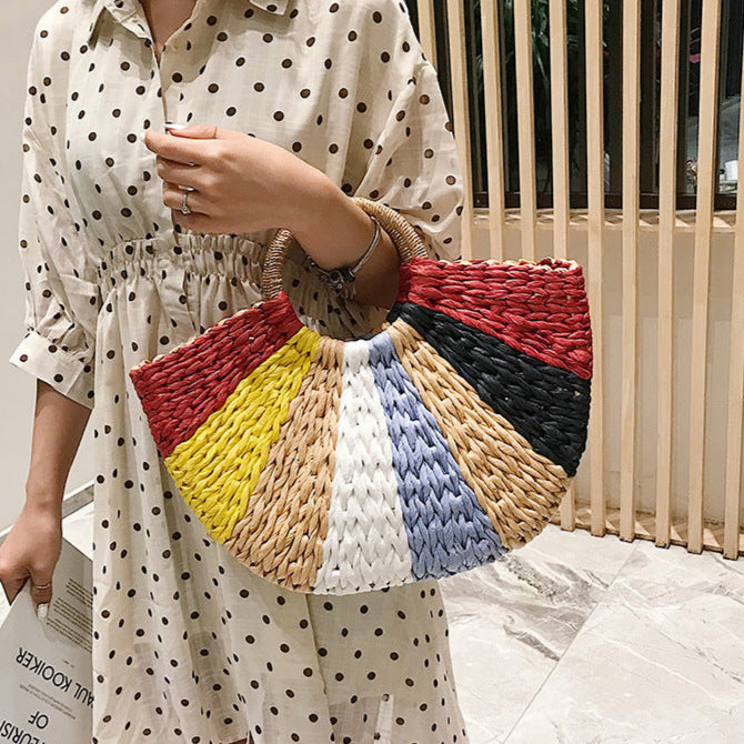 Thai Straw Woven Handbag Colorful Vegetable Basket Beach Travel Bag