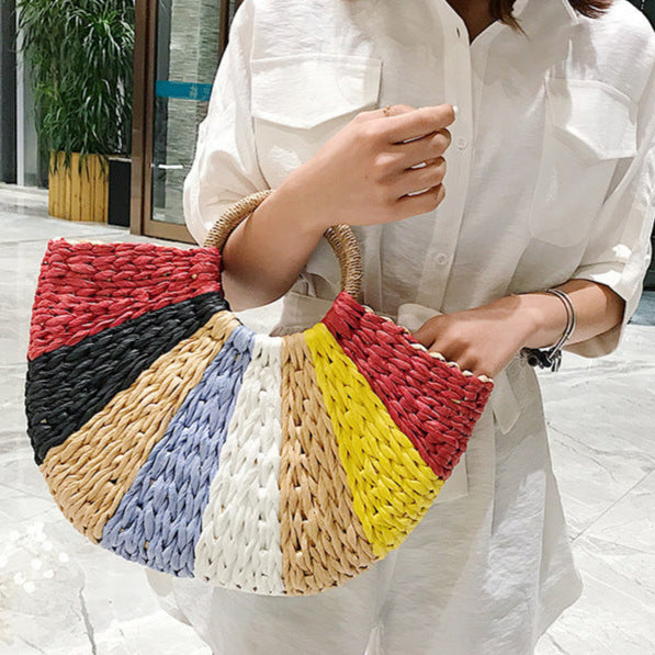 Thai Straw Woven Handbag Colorful Vegetable Basket Beach Travel Bag