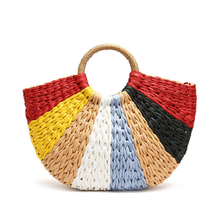 Thai Straw Woven Handbag Colorful Vegetable Basket Beach Travel Bag