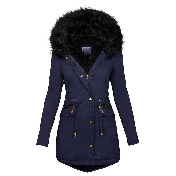 Women's Solid Color Hooded Mid-length Cotton Coat with Fur Collar