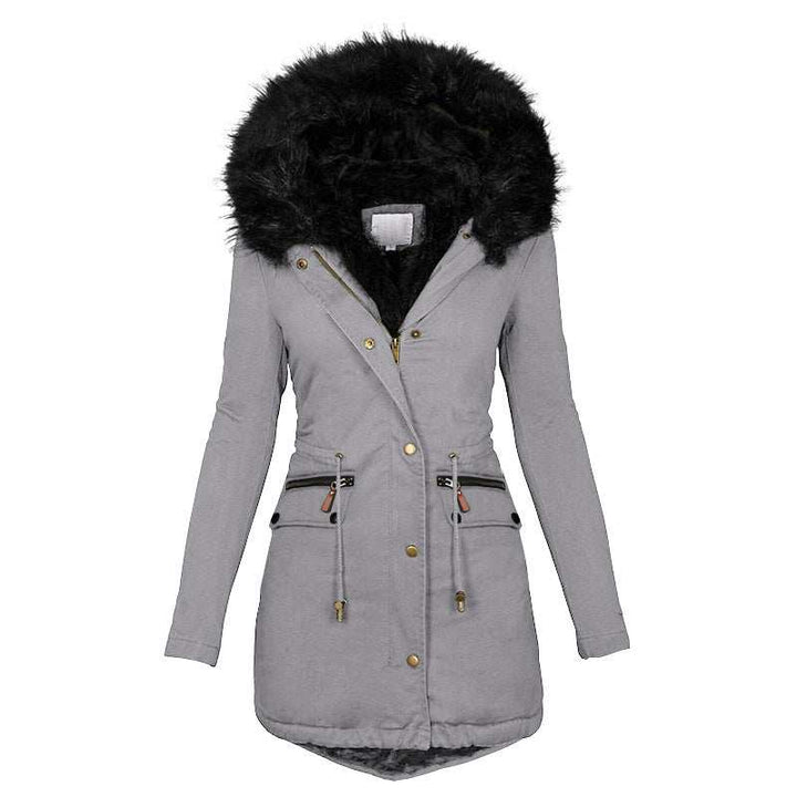 Women's Solid Color Hooded Mid-length Cotton Coat with Fur Collar