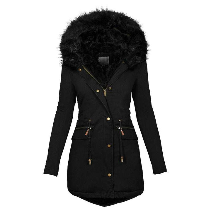 Women's Solid Color Hooded Mid-length Cotton Coat with Fur Collar