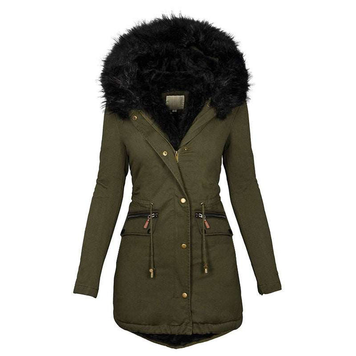 Women's Solid Color Hooded Mid-length Cotton Coat with Fur Collar