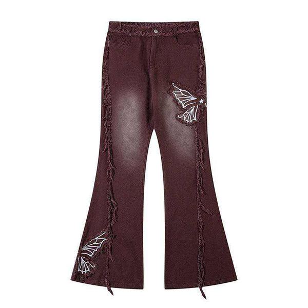 Fashionable Retro Butterfly Embroidered High Waist Jeans for Women