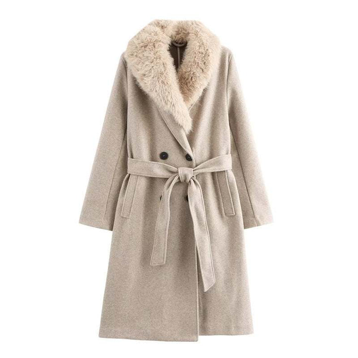 Women's Loose Woolen Coat with Fur Collar - Solid Color Oatmeal