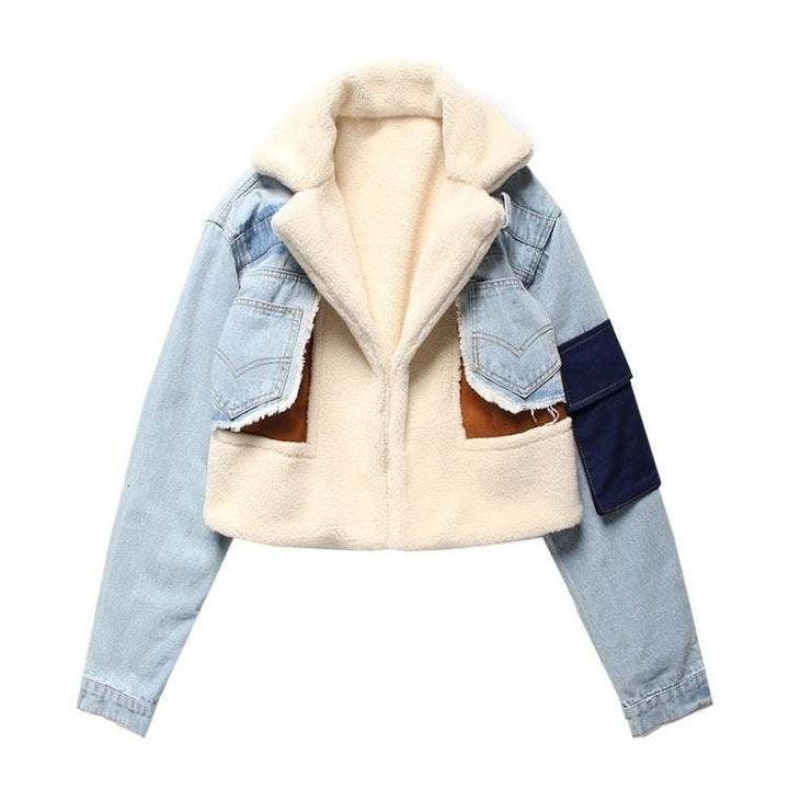 Plush Denim Stitching Biker Jacket for Women – Lapel Collar, Thick