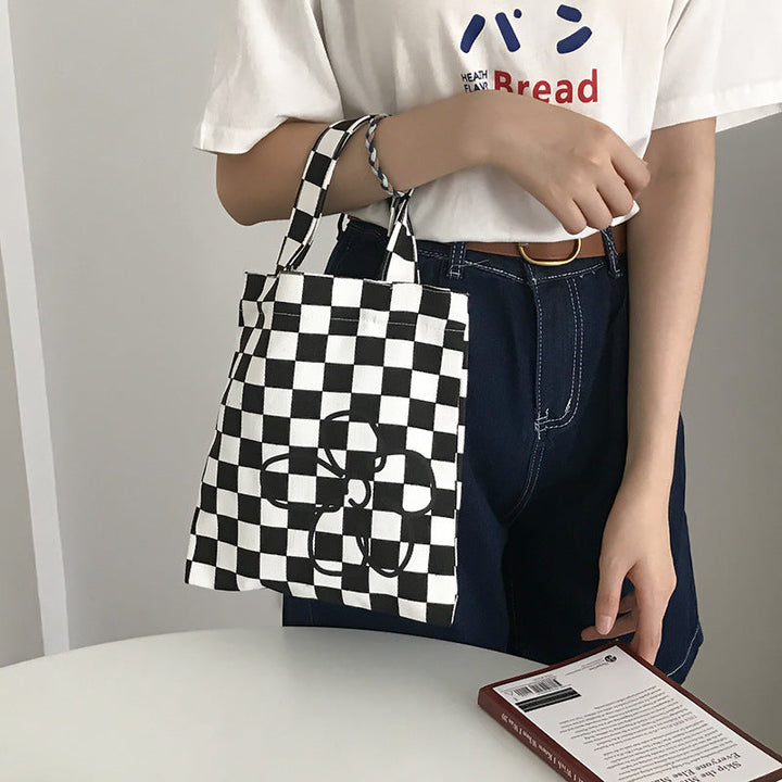 Black and White Checkered Tote Bag - Stylish Flower Pattern Handbag