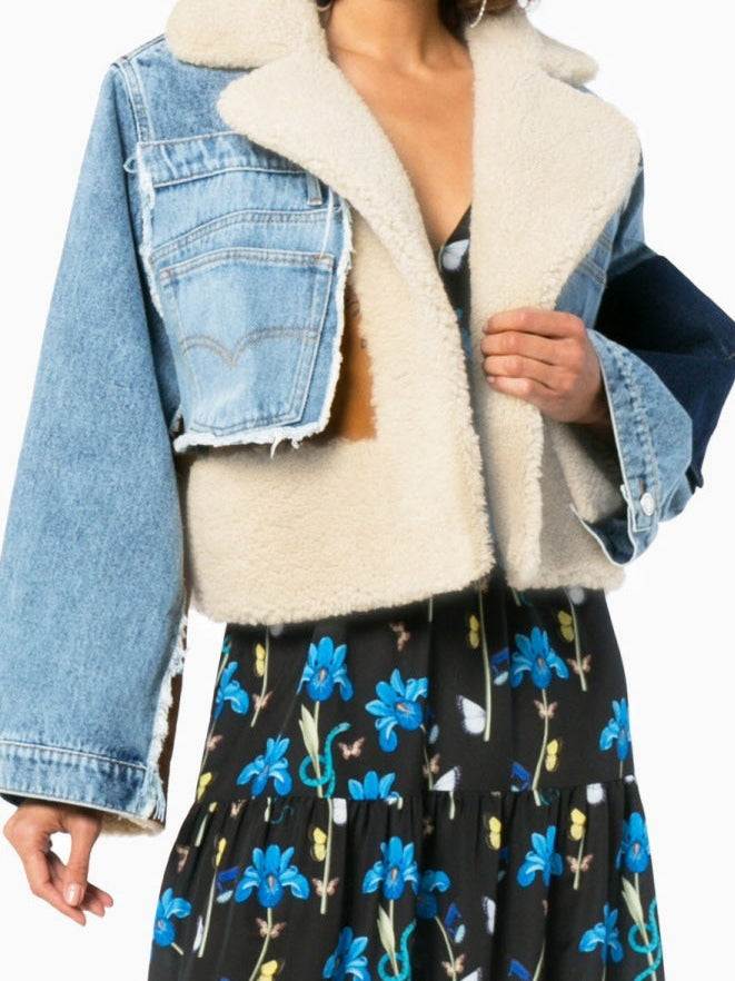 Plush Denim Stitching Biker Jacket for Women – Lapel Collar, Thick