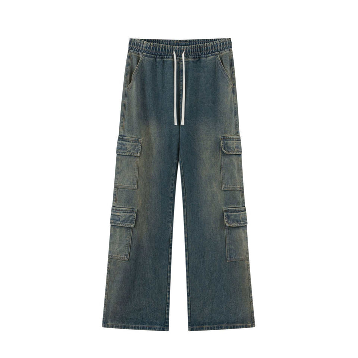 Loose Cargo Wide Leg Jeans for Teenagers in Washed Blue & Brown