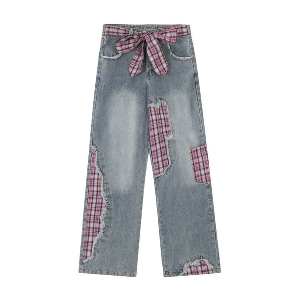 Frayed Plaid Stitching Denim Jeans for Street Style Fashion