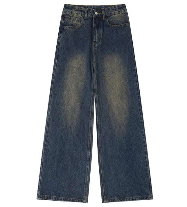 Retro Distressed Straight Wide Leg Denim Trousers Mid Waist Unisex