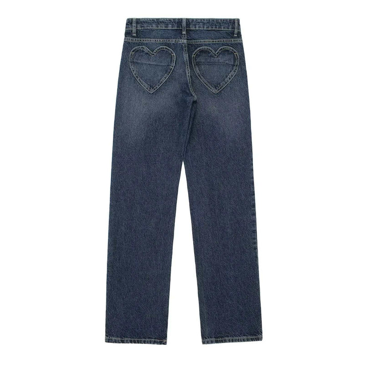 Heart-Shaped Pocket Mid-Waist Straight Jeans for Women