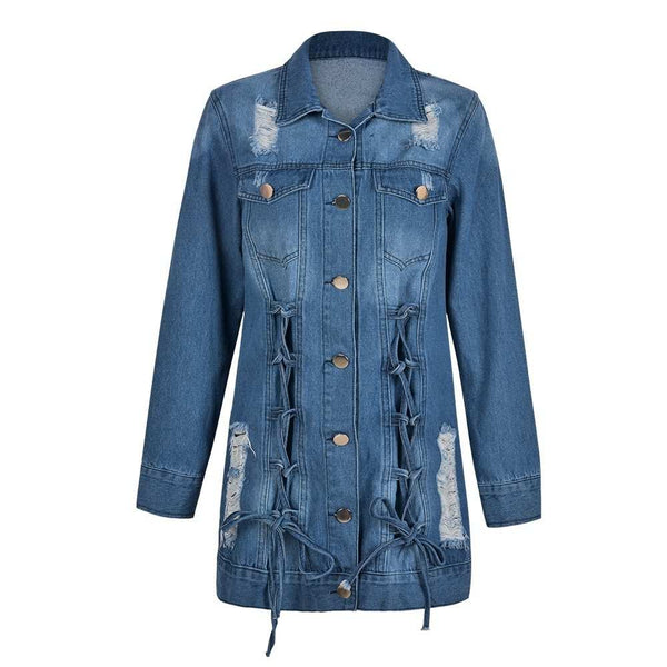 Denim Down Jacket for Women - Loose Fit, Printed Coat, Sizes S-XL