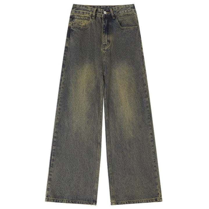 Retro Distressed Straight Wide Leg Denim Trousers Mid Waist Unisex