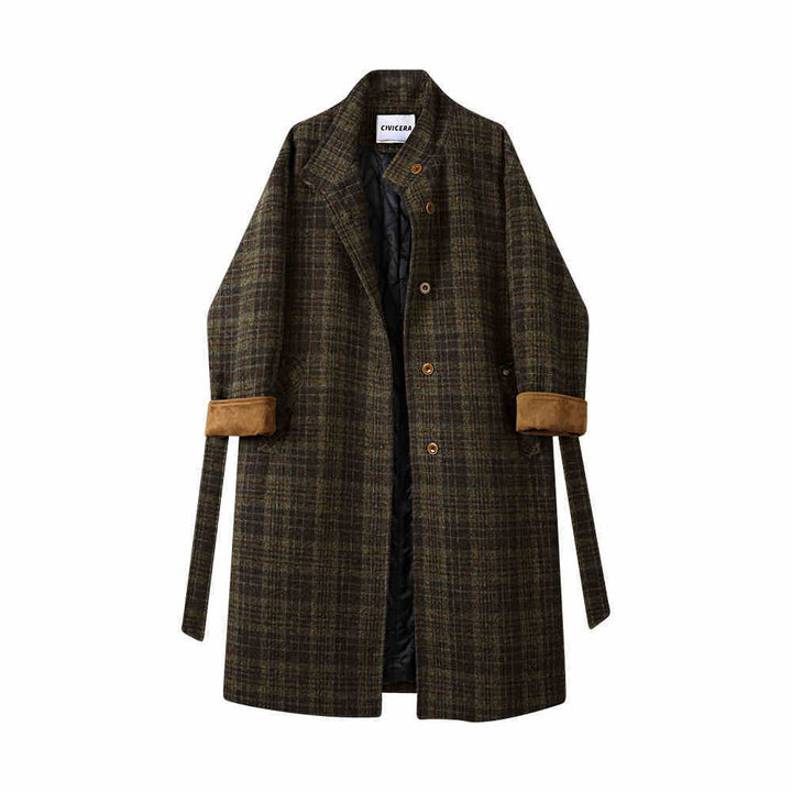 Cotton Padded Thickened Retro Stand Collar Checked Woolen Coat