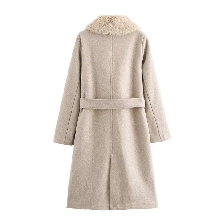 Women's Loose Woolen Coat with Fur Collar - Solid Color Oatmeal