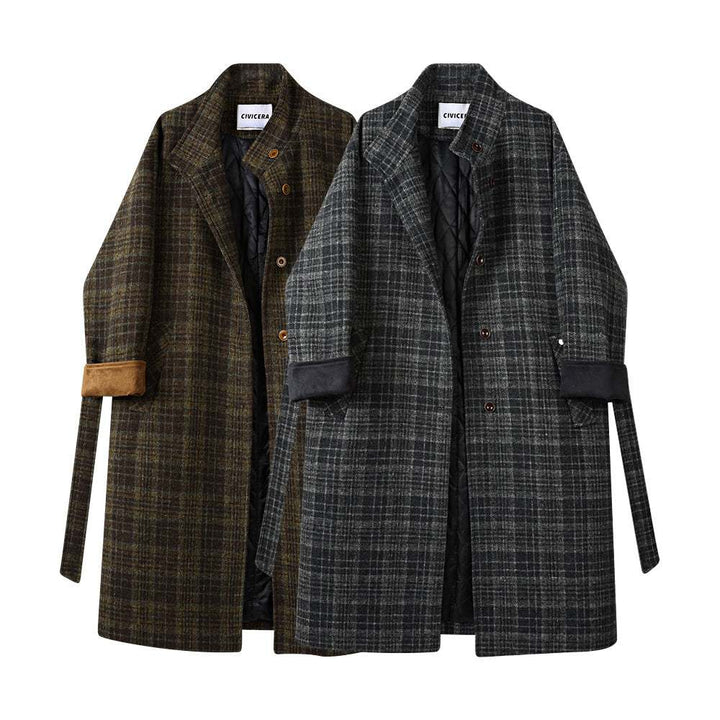 Cotton Padded Thickened Retro Stand Collar Checked Woolen Coat