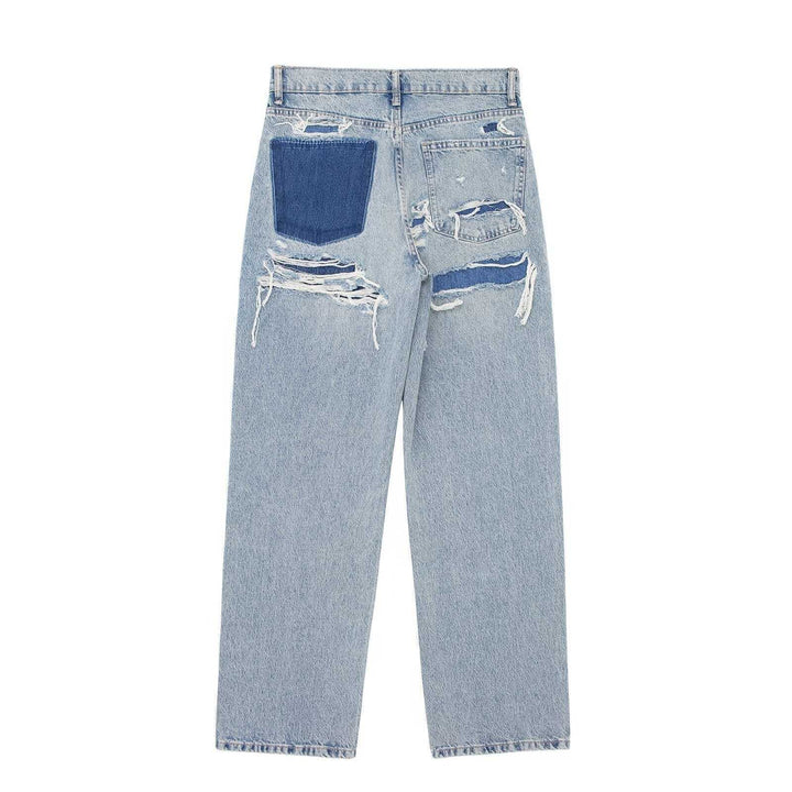 Women’s Perforated Hole Decoration Loose Jeans - Street Style