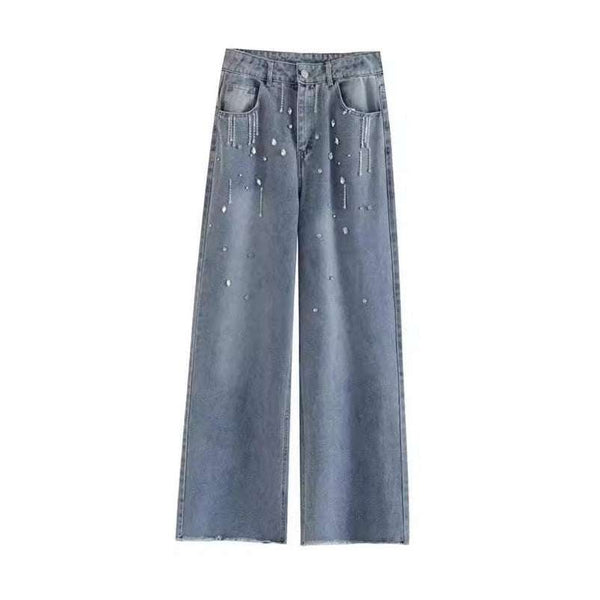 Women’s Fashion Trendy Rhinestone Raw Edges Long Wide-leg Jeans