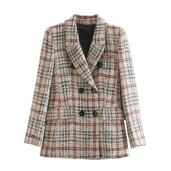 Women's Plaid Texture Slim Woolen Blazer Coat