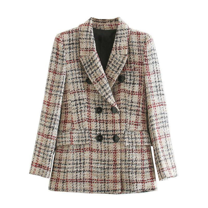 Women's Plaid Texture Slim Woolen Blazer Coat