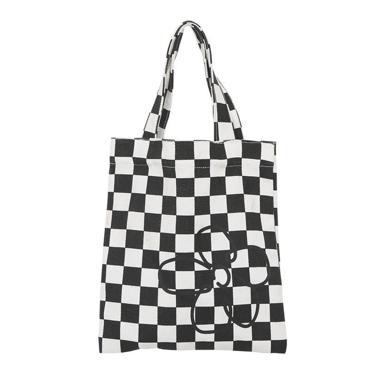 Black and White Checkered Tote Bag - Stylish Flower Pattern Handbag