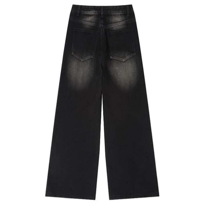 Retro Distressed Straight Wide Leg Denim Trousers Mid Waist Unisex