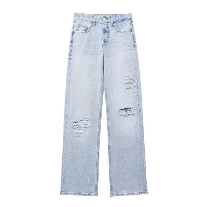 Women's Fashion Holes Decorative Mid-waist Wide-leg Denim Jeans