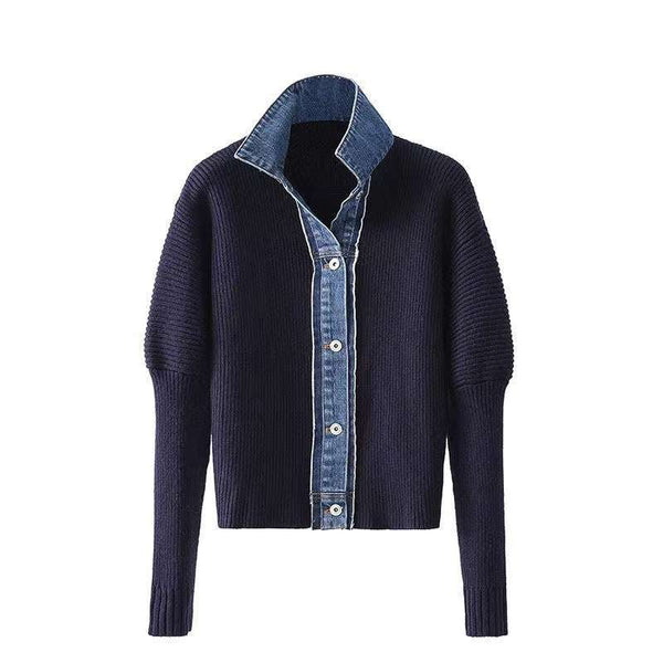 Women's Denim Patchwork Knitted Coat - Stylish Acrylic Top