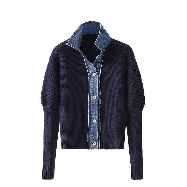 Women's Denim Patchwork Knitted Coat - Stylish Acrylic Top