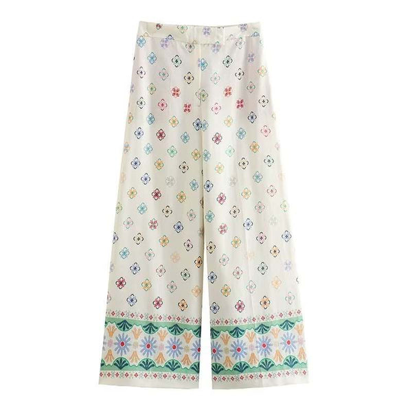 High Waist Vacation Style Printed Linen Wide Leg Pants for Women