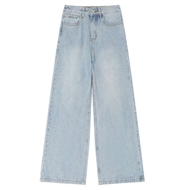 Retro Distressed Straight Wide Leg Denim Trousers Mid Waist Unisex