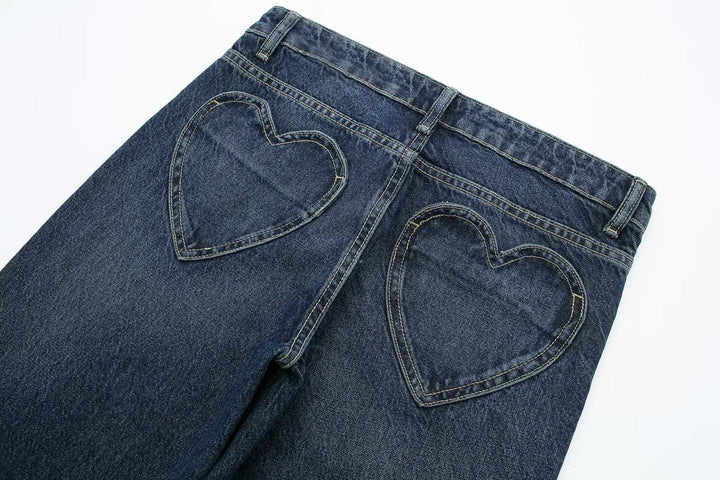 Heart-Shaped Pocket Mid-Waist Straight Jeans for Women